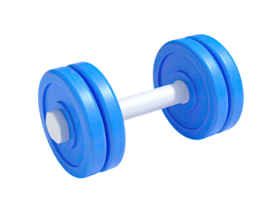 A blue dumbbell with white handle and circular weights on a solid black background