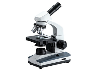 A bright white and black microscope with objectives and a slide, isolated