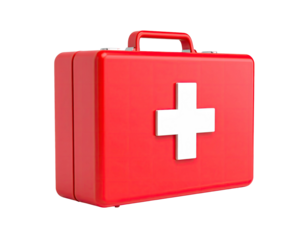 A bright red rectangular case with a white cross, a handle, and a closed lid