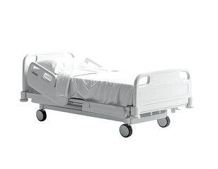 A fully adjustable hospital bed, white, with clean sheets, and wheels