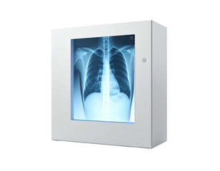 A lit medical view box displaying a chest X-ray, isolated on black