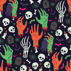 Seamless Halloween zombie hand pattern spooky dark horror vector