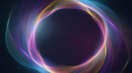 Circular, vibrant, ethereal ribbons of light swirl around a dark center, creating a glowing effect