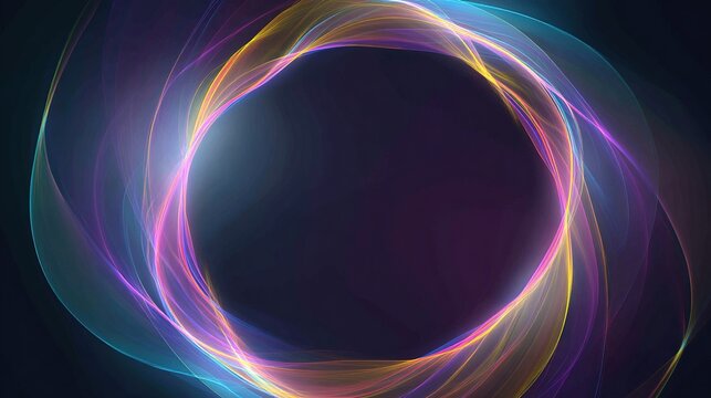 Circular, vibrant, ethereal ribbons of light swirl around a dark center, creating a glowing effect