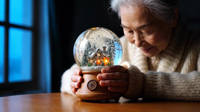 Elderly woman gently holds snow globe. Senior grandmother smile as hand cradles base. Warm light glows from tiny house inside. Holiday winter cozy feeling fills table surface. Memory and calm remain.