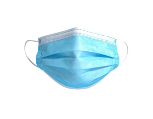 A light blue surgical mask, centered on a black background, visible ear loops