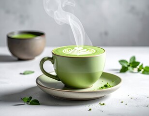 Vibrant green matcha latte with delicate heart art gracefully steams in a cozy ceramic cup on a clean white table, accompanied by fresh green leaves.