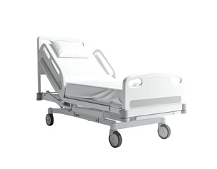 Modern, adjustable hospital bed with railings, white sheets, and wheels
