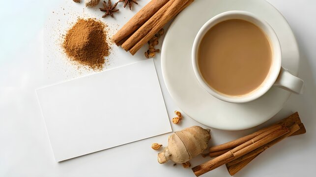 Warm, aromatic cup of milky beverage with aromatic spices sits on a white saucer, complemented by cinnamon sticks, star anise, ginger, and a blank business card, creating a cozy and inviting... - Powered by Adobe