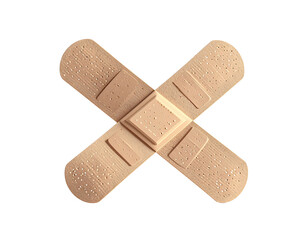 Two adhesive bandages crossed in an X formation, set against a black background