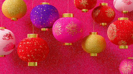 Multiple decorative paper lanterns in red, gold, pink, and purple hang against a vibrant pink background. The lanterns feature gold accents and floral patterns, creating a festive.