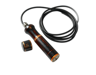 Sleek, dark wood jump rope with a detachable end on a black background