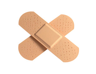 Two beige medical adhesive bandages arranged in an overlapping "X" shape, on black
