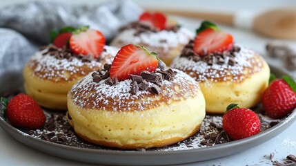 Fluffy, golden-brown Japanese pancakes, topped with fresh strawberries and chocolate shavings