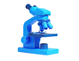 A vibrant blue microscope, rendered against a dark background, 3D illustration