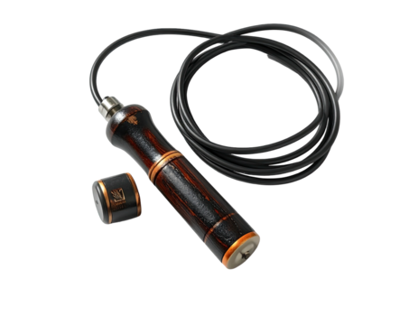 Sleek, dark wood jump rope with a detachable end on a black background