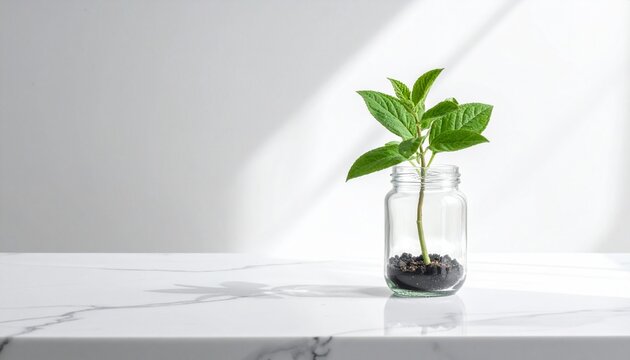 Planta creciendo dentro de un frasco de vidrio sobre mesa y fondo claro