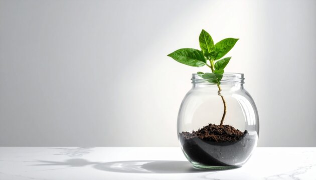 Planta creciendo dentro de un frasco de vidrio sobre mesa y fondo claro