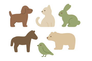 Cute cartoon animals including a dog, cat, rabbit, horse, bird, and bear in playful design for children's products
