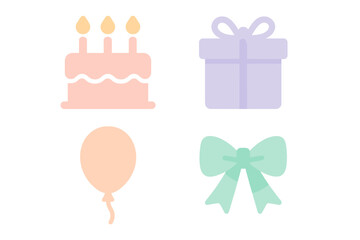 Bright and cheerful birthday celebration elements featuring a cake, present, balloon, and bow