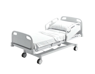 A hospital bed, white and pristine, with a pillow and linens, wheels visible