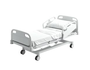 A hospital bed, white and pristine, with a pillow and linens, wheels visible