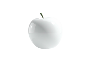 A glossy white apple with a green stem, set against a black background