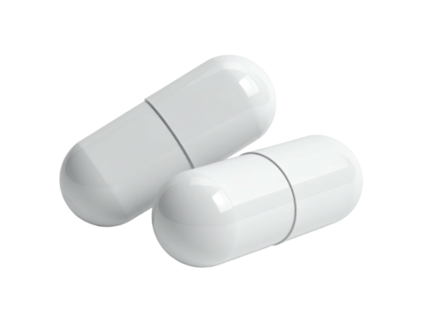 Two white oval-shaped capsules with faint dividing lines sit on a dark background