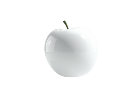 A glossy white apple with a green stem, set against a black background