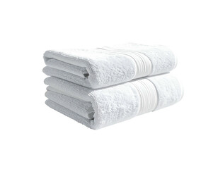 Two pristine, fluffy white bath towels, neatly stacked for spa-like comfort