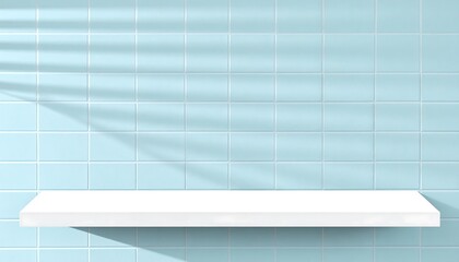 Minimalist White Shelf Against Blue Tile Wall with Shadow Play