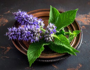 Purple Flowers on Copper Plate.
