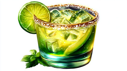 Vibrant Watercolor Illustration of a Refreshing Green Lime Cocktail With Ice, Salted Rim, and Fresh Mint Garnish on White