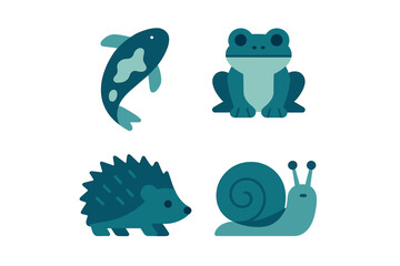 Colorful illustrations of aquatic and terrestrial animals including a fish, frog, hedgehog, and snail on a simple background