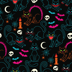 Seamless Halloween black cat pattern spooky dark neon decoration vector