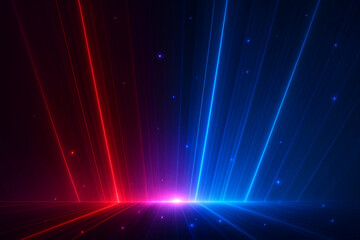 Futuristic red and blue neon light beams with glowing particles on a dark background creating a digital abstract energy effect