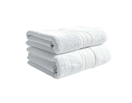Two pristine, fluffy white bath towels, neatly stacked for spa-like comfort