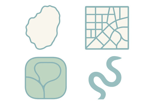 Various shapes represent geographical features and mapping elements for design and educational purposes