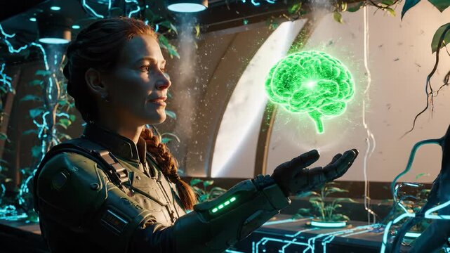 Woman holds glowing brain hologram midair. Futuristic suit and glove enable interaction. Laboratory greenhouse with plant life surrounds figure. Science interface projects neon data above hand. Now.