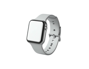 A silver smartwatch with a grey strap and blank screen on a black background