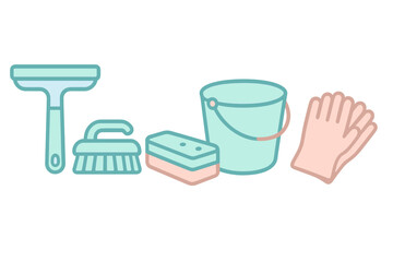 Essential household cleaning tools including a squeegee, brush, sponge, bucket, and gloves