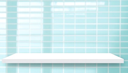 Minimalist White Shelf Against Soft Blue Tiled Wall, Clean Aesthetic, Product Display