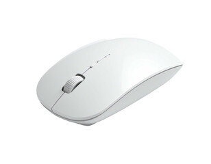 Angled shot of a sleek, white wireless computer mouse against a black background