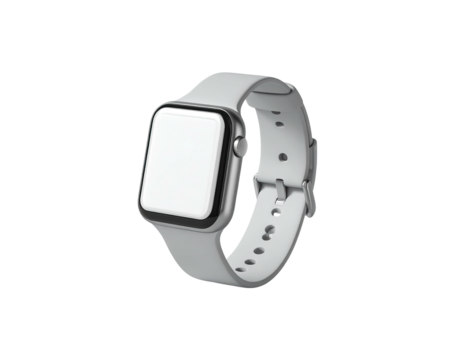A silver smartwatch with a grey strap and blank screen on a black background