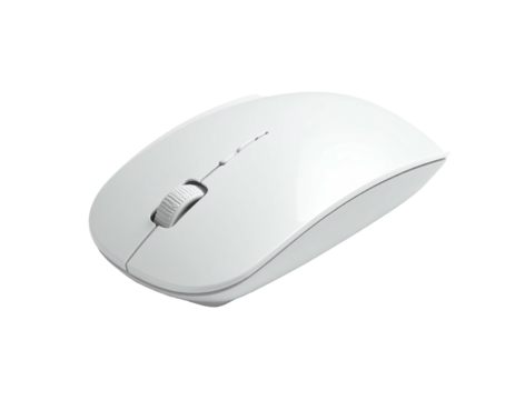Angled shot of a sleek, white wireless computer mouse against a black background