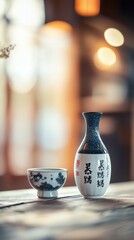 Elegant sake bottle and cup in bright background
