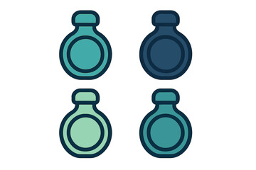 Colorful bottles displayed in various shades of blue and green on a simple background