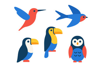 Diverse set of stylized birds including hummingbird, swallow, toucan, and puffin