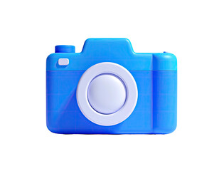 A vibrant, blue digital camera icon, rendered in 3D, isolated on black