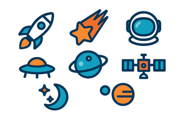 Astronomy and cosmic exploration symbols with planets, rockets, and astronaut equipment